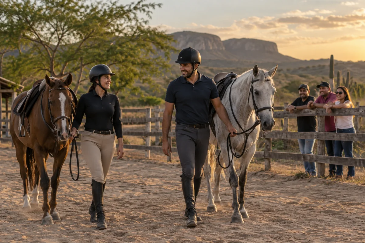 Ilustração por IA: Ilustração fotorealista em formato paisagem 3:2, com dois adultos conduzindo cavalos em uma área arenosa, visitantes atrás de uma cerca e luz natural de fim de tarde. A cena é imaginada, inspirada no ambiente equestre do evento, sem reproduzir o local exato ou uma edição real.