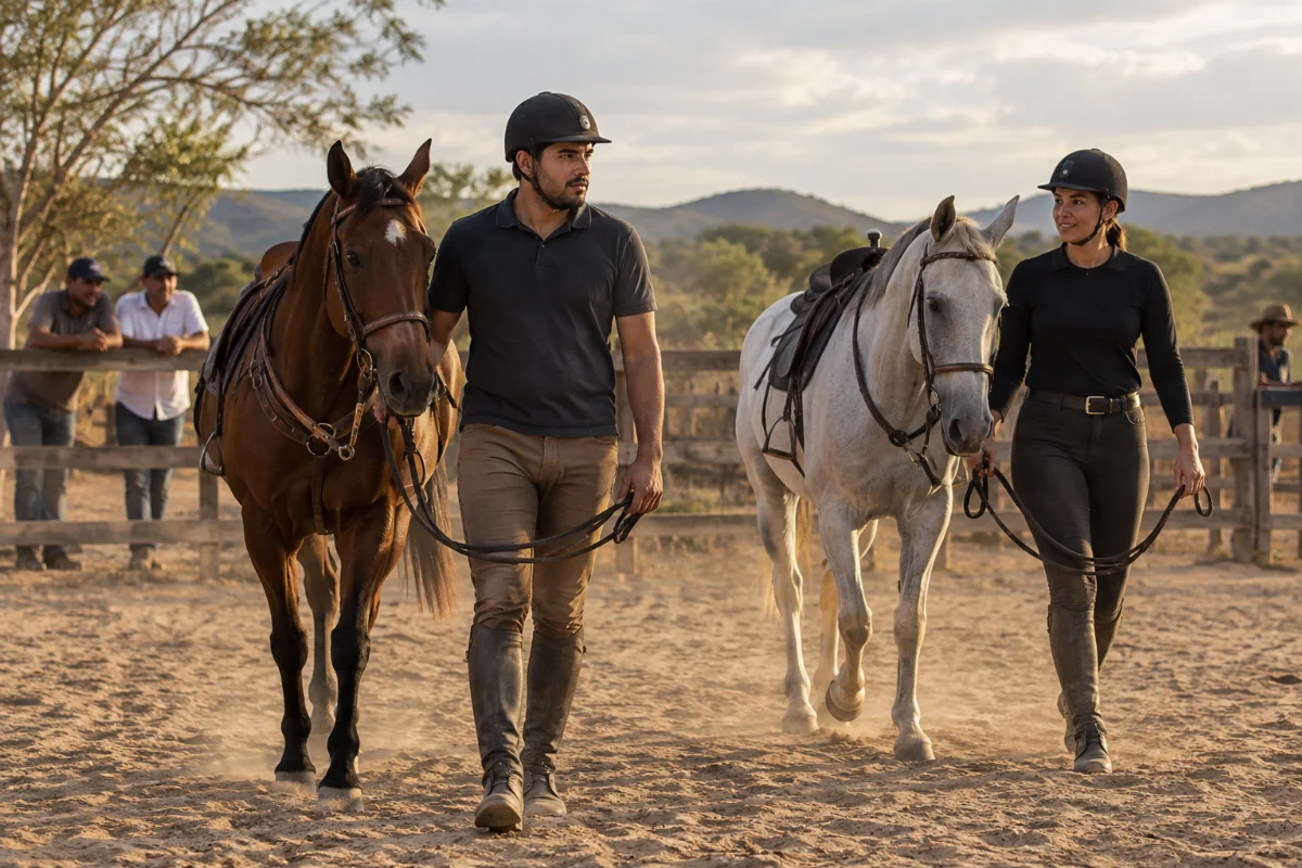 Ilustração por IA: Ilustração fotorrealista horizontal em formato 3:2, com dois adultos conduzindo cavalos tranquilamente em terreno arenoso, visitantes junto a uma cerca e paisagem rural sob luz natural. Cena conceitual gerada por IA, inspirada no contexto equestre do evento, sem reproduzir o local ou a edição real e sem textos ou logotipos.