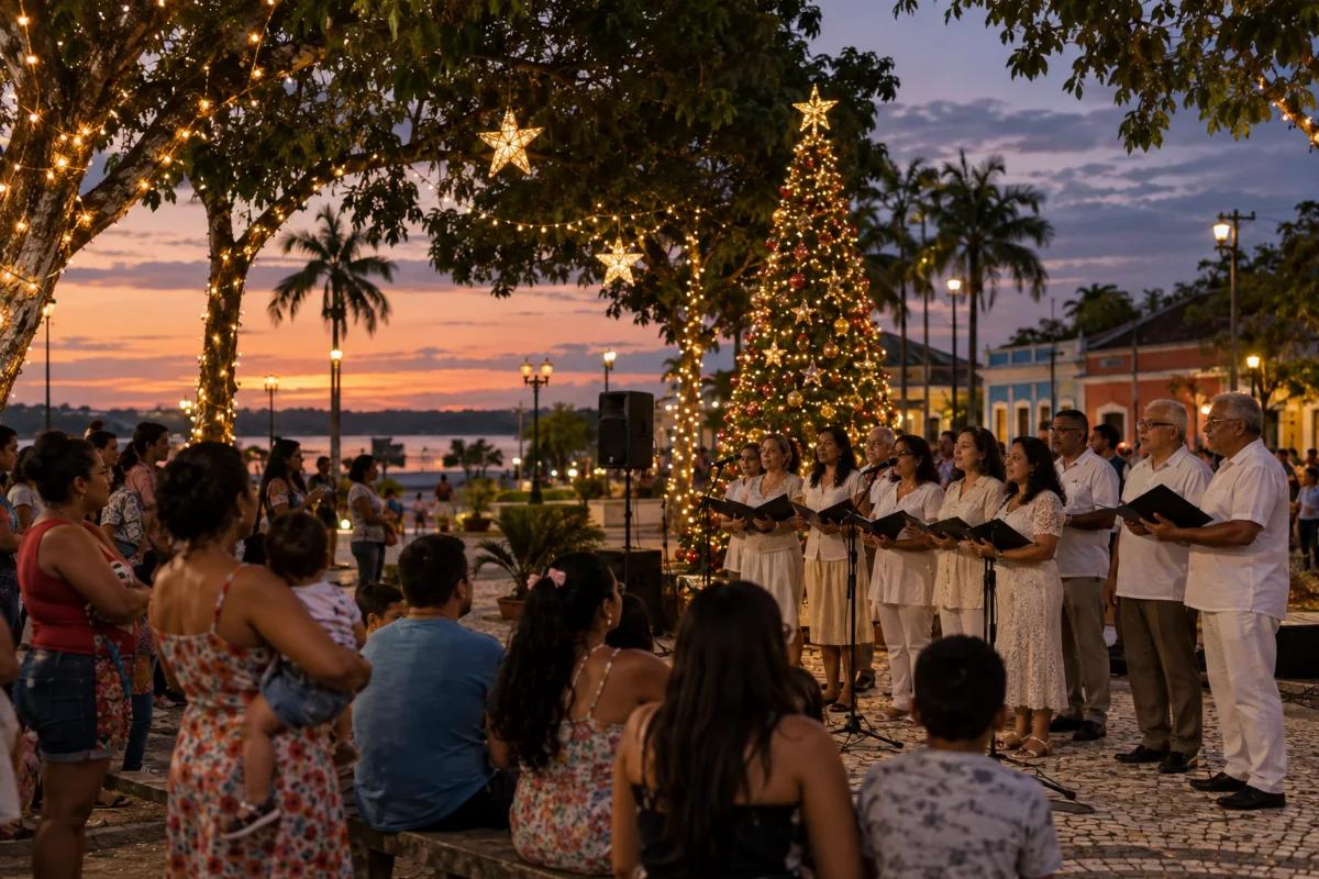 Ilustração por IA: Ilustração fotorealista horizontal em formato 3:2, com um coral e famílias em uma praça imaginada ao entardecer, entre árvores, estrelas luminosas e decoração natalina. A cena inspira-se em Parintins, sem reproduzir um local exato ou registrar uma edição real do evento; não contém textos nem logotipos.