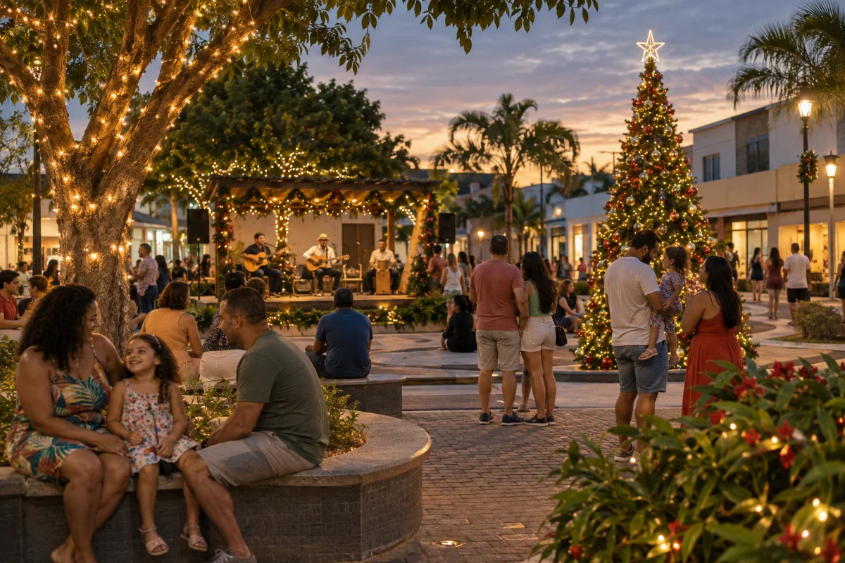 Ilustração por IA: Ilustração fotorrealista horizontal em formato 3:2, com famílias em uma praça imaginada ao entardecer, iluminação natalina, árvore decorada e músicos ao fundo. A cena foi gerada por IA e não representa um local específico nem um registro da edição real do evento.