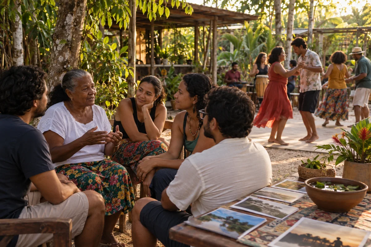 Ilustração por IA: Ilustração fotorealista horizontal em formato 3:2, com pessoas em roda de conversa, dança ao fundo e fotografias junto a uma tigela com água e folhas. A cena imaginada tem vegetação tropical e luz natural, sem representar o local exato ou um registro da edição real.