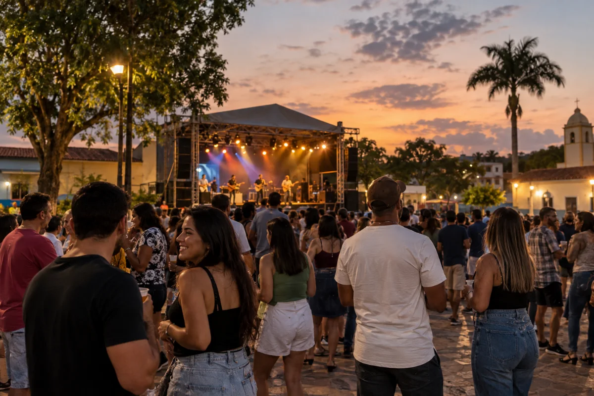 Ilustração por IA: Ilustração fotorealista em formato paisagem 3:2, com pessoas acompanhando um show em uma praça imaginada ao entardecer. Árvores, construções baixas e iluminação de palco compõem a cena, sem representar o local exato ou uma fotografia da edição real.