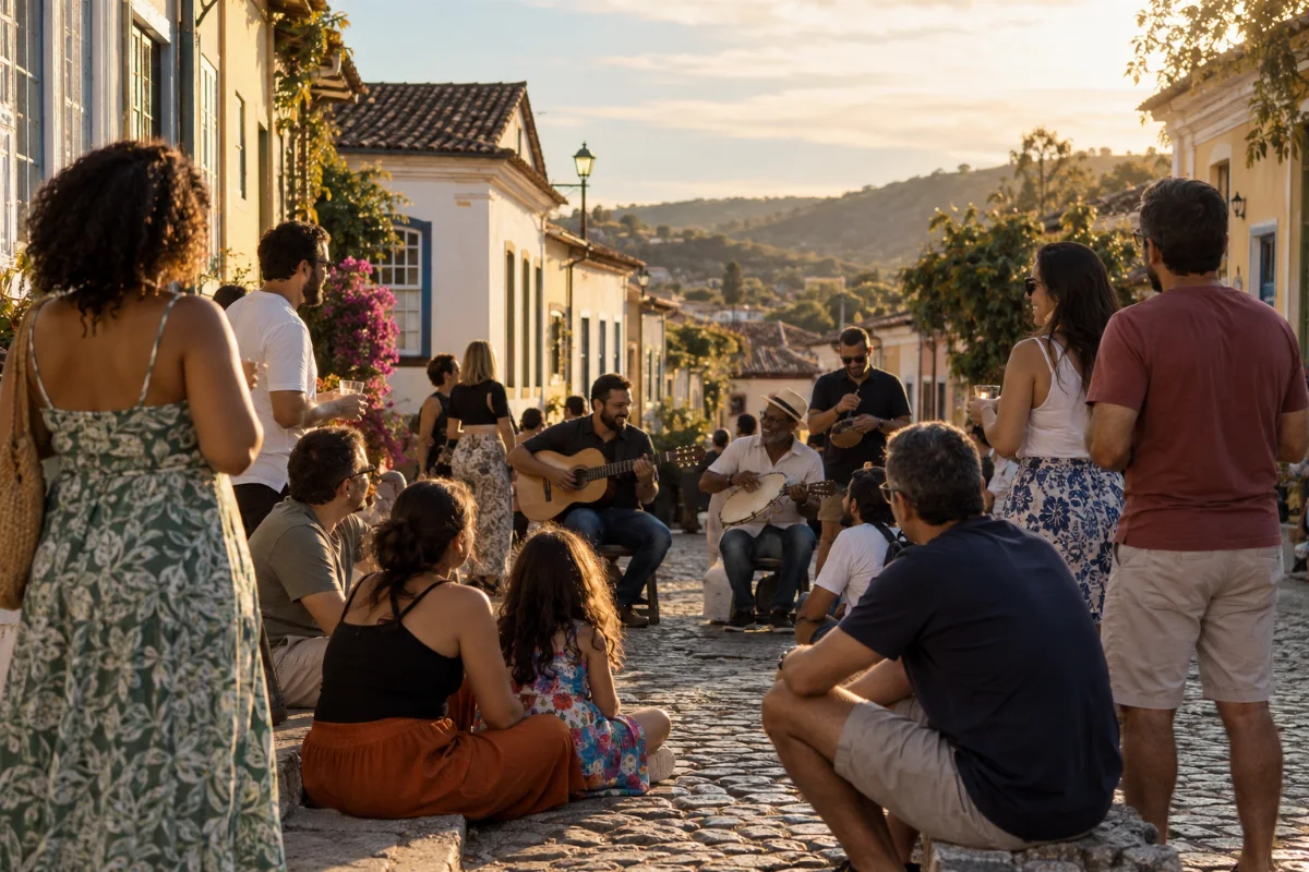 Ilustração por IA: Ilustração fotorrealista horizontal em proporção 3:2, com pessoas reunidas em torno de músicos em uma rua de inspiração colonial, sob luz natural de fim de tarde. A cena imaginada remete ao contexto cultural de Santana de Parnaíba, sem retratar um local específico ou uma edição real do evento, e não contém textos ou logotipos.