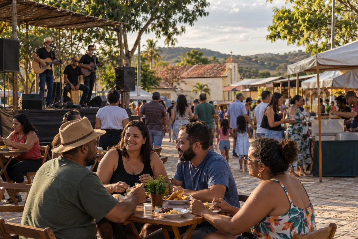 Ilustração por IA: Ilustração fotorrealista horizontal em formato 3:2, com pessoas confraternizando em mesas ao ar livre, barracas de alimentação e músicos em um pequeno palco sob a luz natural do fim da tarde. A cena é imaginada e não representa um local específico nem um registro da edição real do evento.