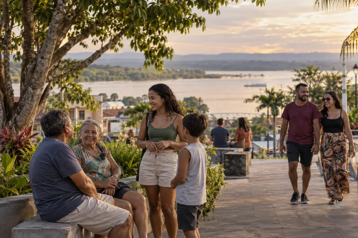 Ilustração por IA: Ilustração fotorrealista em formato paisagem 3:2, com pessoas conversando e caminhando em um espaço arborizado, com construções e um rio ao fundo sob luz natural de fim de tarde. A cena é fictícia, inspirada em Altamira, sem representar um local exato ou uma edição real do evento.