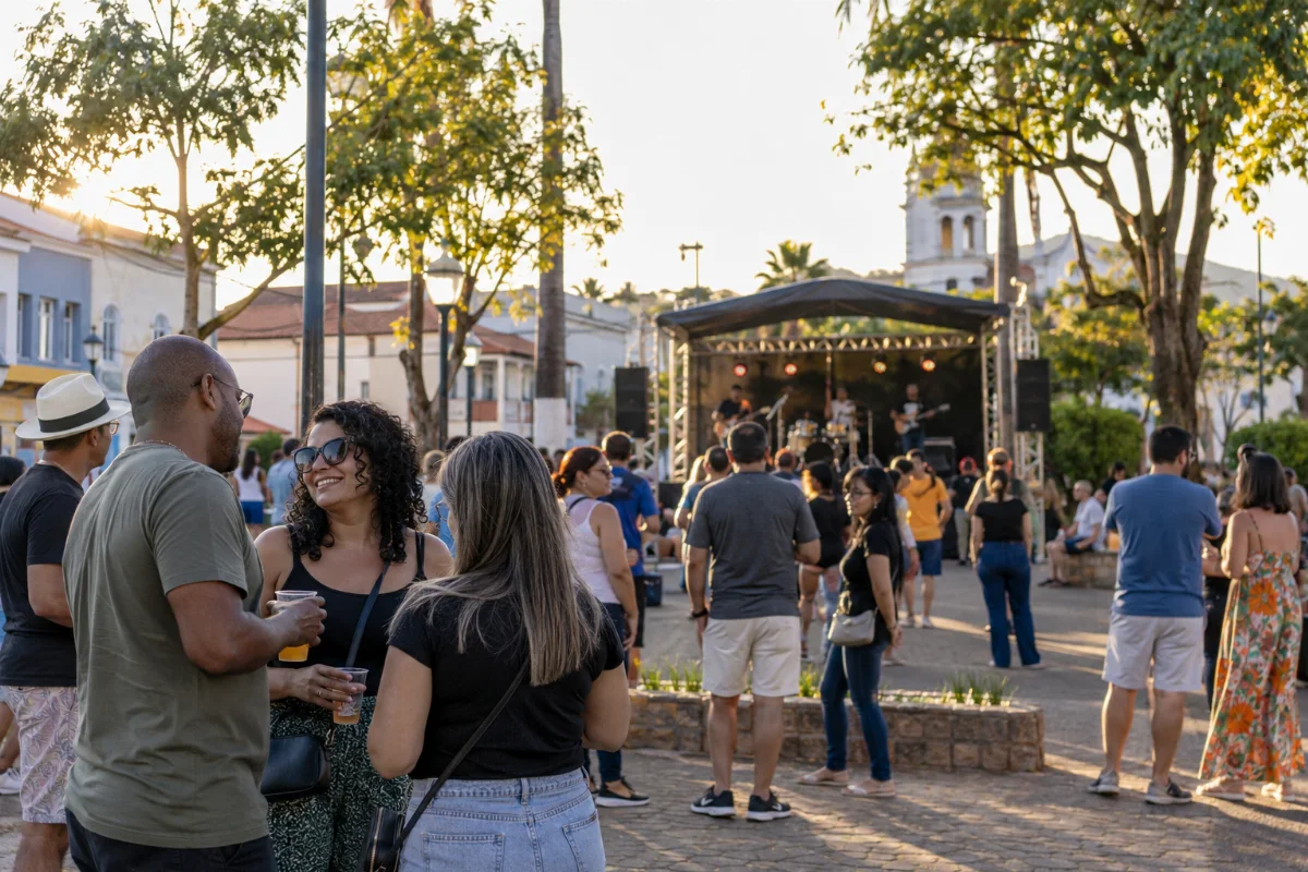 Ilustração por IA: Ilustração fotorrealista em formato horizontal 3:2, com pessoas reunidas ao ar livre e músicos anônimos em um palco, sob luz natural de fim de tarde. O cenário urbano é fictício, inspirado no interior paulista, sem representar um local específico ou registrar uma edição real do evento.