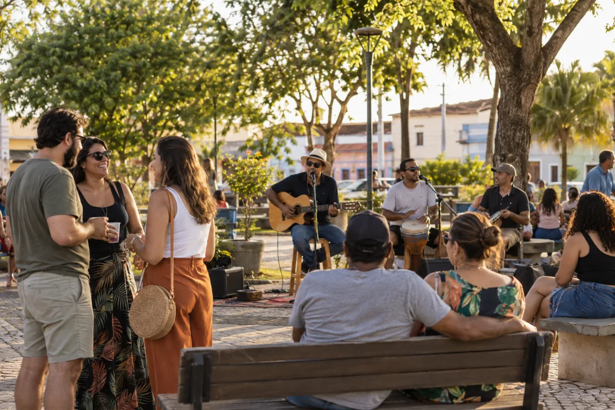 Ilustração por IA: Ilustração fotorrealista horizontal em formato 3:2, com pessoas conversando e acompanhando músicos em uma praça arborizada sob luz natural de fim de tarde. A cena foi gerada por IA e é inspirada na convivência comunitária da celebração, sem representar um local específico ou um registro da edição real.