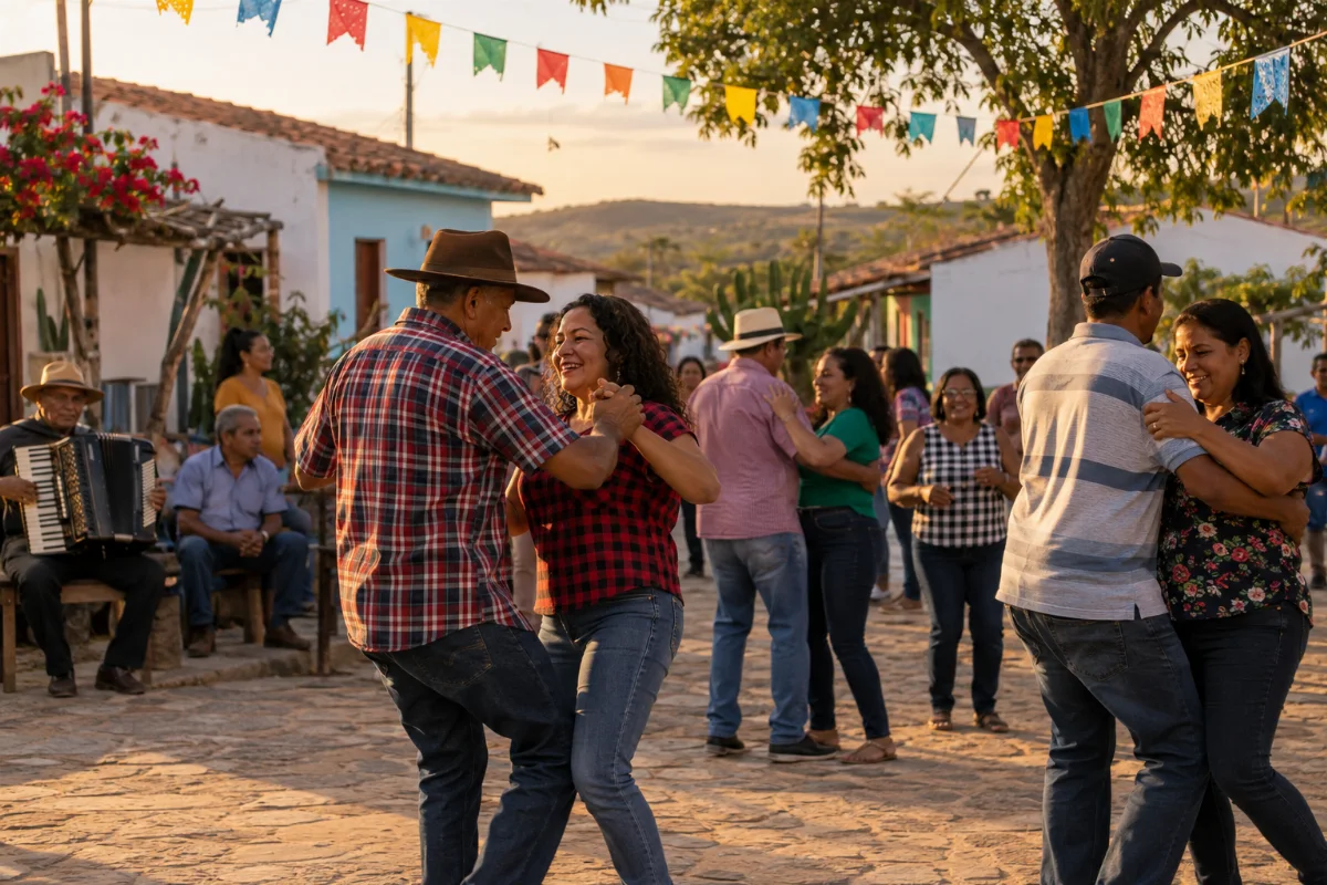 Ilustração por IA: Ilustração fotorealista em formato horizontal 3:2, com adultos dançando ao som de uma sanfona, bandeirinhas e casas simples sob luz natural de fim de tarde. A cena imaginada inspira-se na celebração junina, sem retratar um local ou uma edição específica do evento.