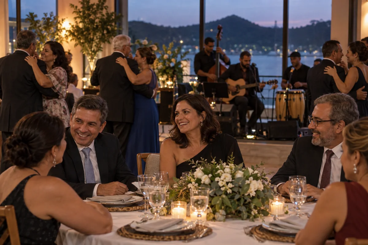 Ilustração por IA: Ilustração fotorealista horizontal em formato 3:2, com adultos conversando à mesa de jantar, casais dançando e músicos ao fundo. A decoração floral e a luz suave compõem uma cena imaginada de confraternização, sem representar o local ou uma edição real do evento.
