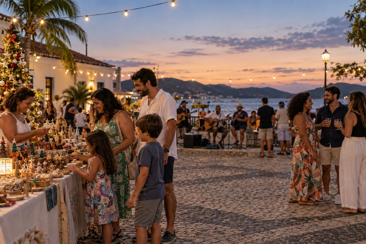 Ilustração por IA: Ilustração fotorrealista horizontal em formato 3:2, com famílias em uma feira de artesanato, decoração natalina e músicos ao entardecer, em um cenário costeiro imaginado. A imagem não representa um local exato nem uma edição específica do evento.