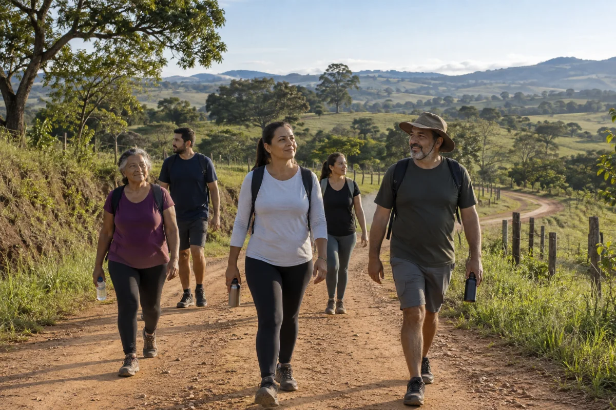 Ilustração por IA: Ilustração fotorealista horizontal em formato 3:2, com cinco adultos caminhando por uma estrada de terra entre árvores e colinas, sob luz natural. A cena sugere contemplação e convivência em uma paisagem rural mineira, sem representar um percurso exato ou uma edição real do evento. Imagem gerada por IA, sem textos ou logotipos.
