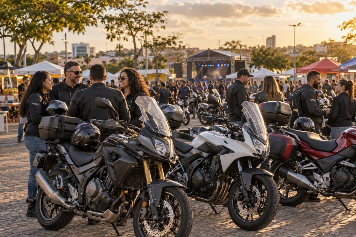 Ilustração por IA: Ilustração fotorrealista horizontal em 3:2, com motocicletas estacionadas e participantes conversando sob a luz natural do fim da tarde. Tendas e um palco aparecem ao fundo, em cenário urbano inspirado em Campina Grande, sem representar um local ou uma edição específica.