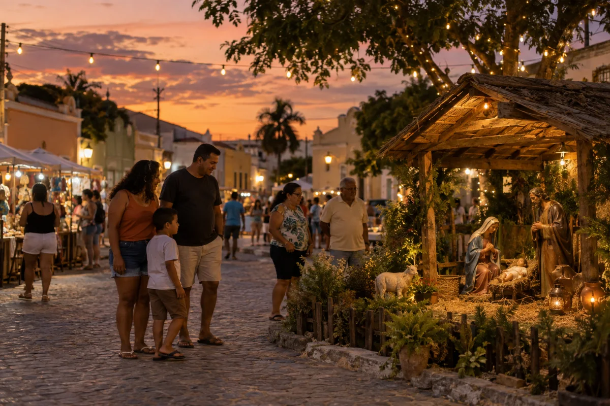Ilustração por IA: Ilustração fotorealista em formato horizontal 3:2, com famílias observando um presépio ao entardecer, luzes natalinas e barracas ao fundo. A cena imaginada inspira-se na celebração em Canindé, sem representar um local específico ou um registro da edição real.