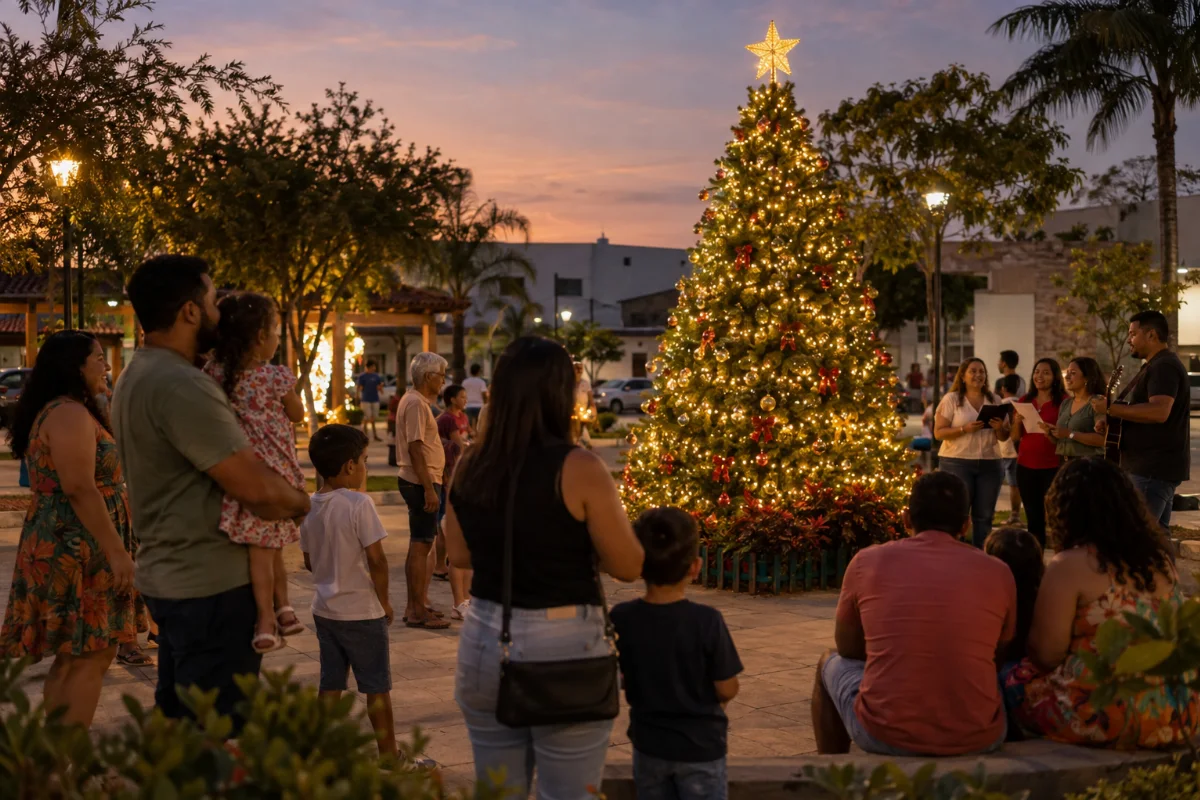 Ilustração por IA: Ilustração fotorealista horizontal em formato 3:2, com famílias diante de uma árvore natalina iluminada e um pequeno grupo musical ao entardecer. A cena foi gerada por IA em uma ambientação urbana imaginada, sem reproduzir o local exato ou uma edição real do evento.