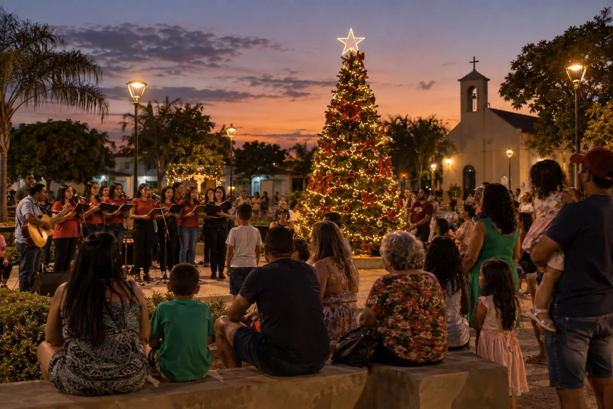 Ilustração por IA: Ilustração fotorealista horizontal em proporção 3:2, com famílias acompanhando um grupo de canto junto a uma árvore de Natal iluminada ao entardecer. A praça e a igreja ao fundo compõem um cenário imaginado, sem reproduzir o local ou uma edição real do evento.