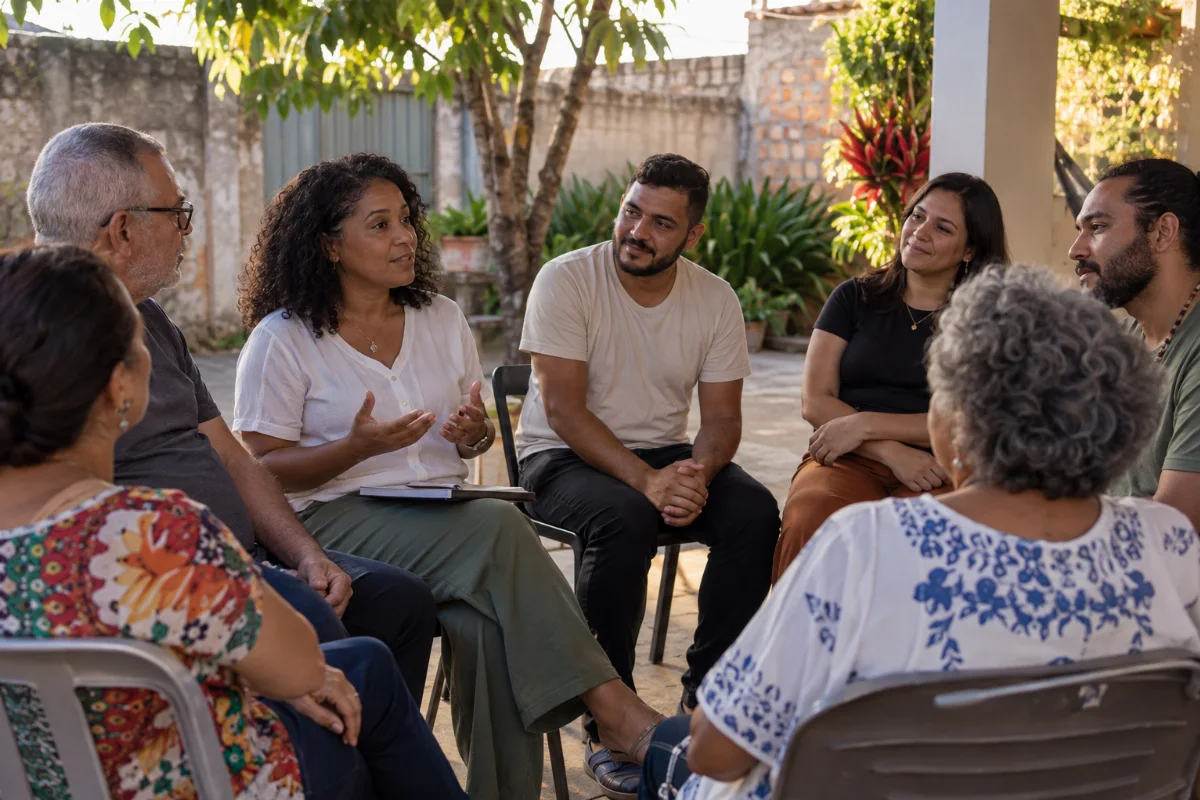 Ilustração por IA: Ilustração fotorealista horizontal em formato 3:2, com adultos reunidos em roda para conversar e refletir em um pátio arborizado, sob luz natural. A cena é imaginada, inspirada na proposta do evento, sem representar um local específico ou uma edição real, e não contém textos ou logotipos.