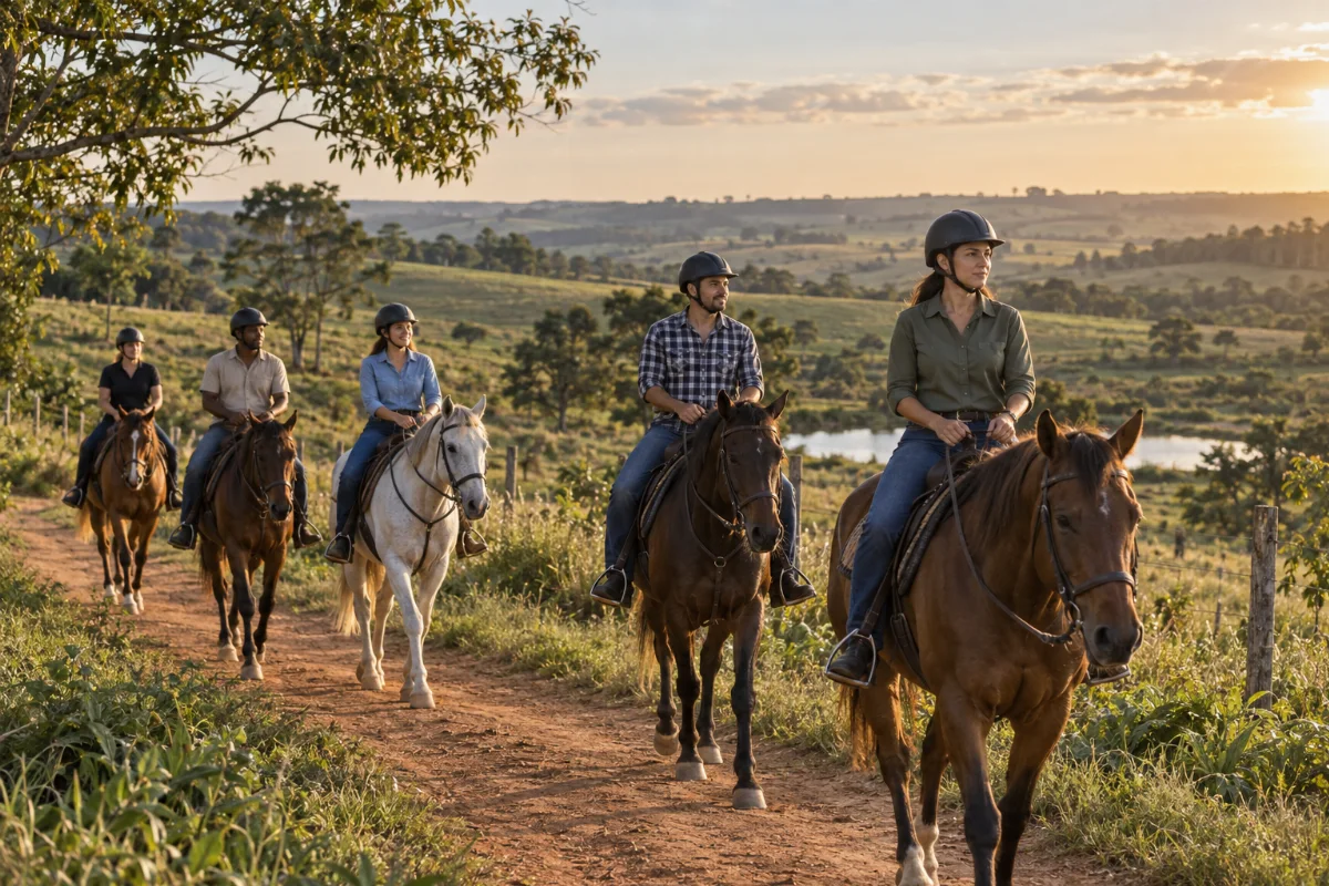 Ilustração por IA: Ilustração fotorealista horizontal em 3:2, com cinco adultos usando capacetes e montando cavalos em um caminho rural, entre pastagens e árvores sob luz natural de fim de tarde. Cena imaginada inspirada no interior paulista, sem representar o local exato ou um registro da edição real, sem textos ou logotipos.