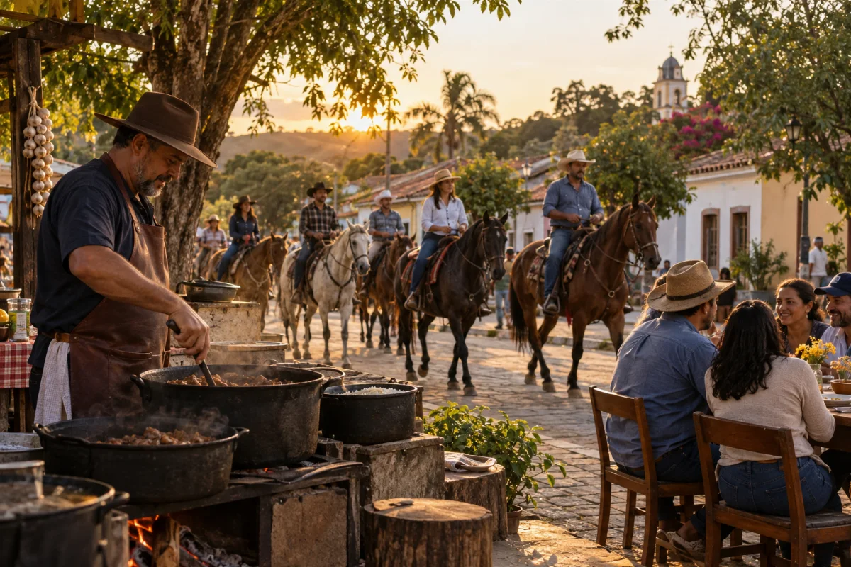 Ilustração por IA: Ilustração fotorealista horizontal em 3:2, com cavaleiros e amazonas, preparo de comida em panelas rústicas e pessoas reunidas à mesa sob a luz do fim da tarde. A cena imaginada remete ao interior paulista, sem documentar um local ou uma edição específica do evento.