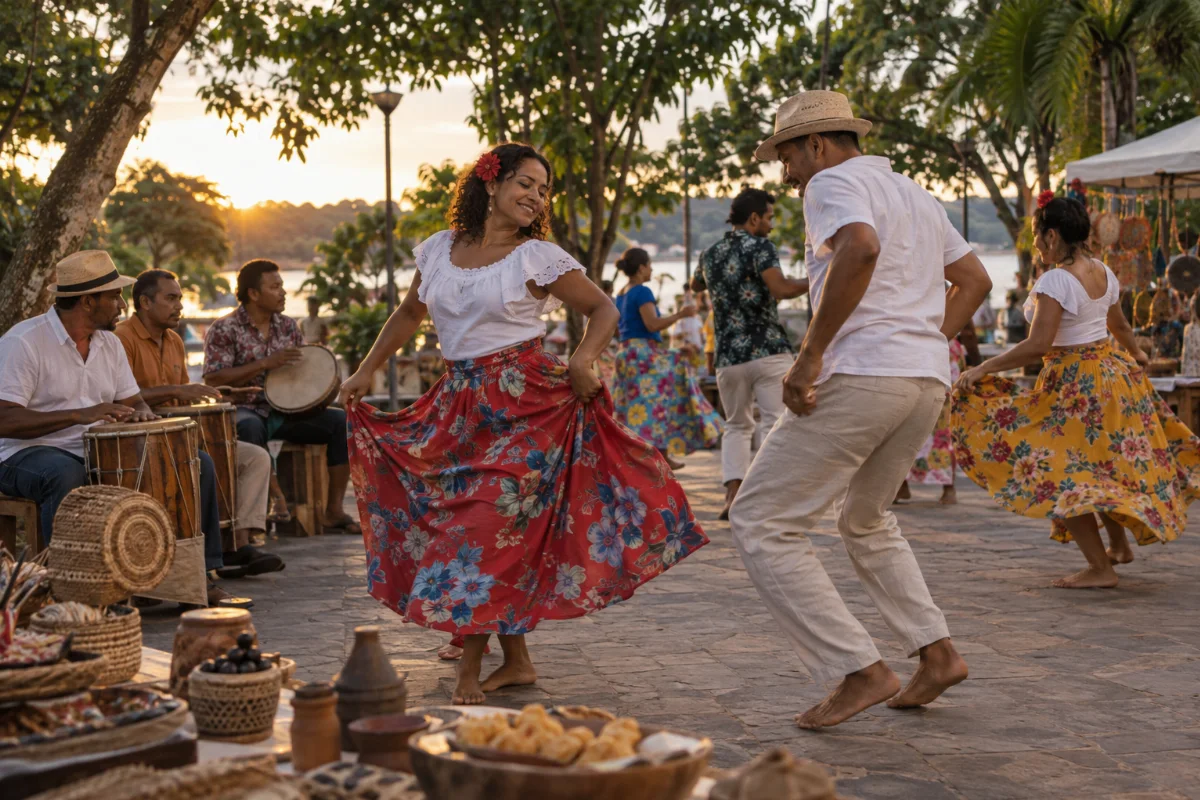 Ilustração por IA: Ilustração fotorrealista horizontal em proporção 3:2, com adultos dançando carimbó, percussionistas e mesas com artesanato e alimentos em uma praça arborizada sob luz natural. A cena é imaginada e gerada por IA, sem reproduzir uma edição real ou a configuração exata do local.