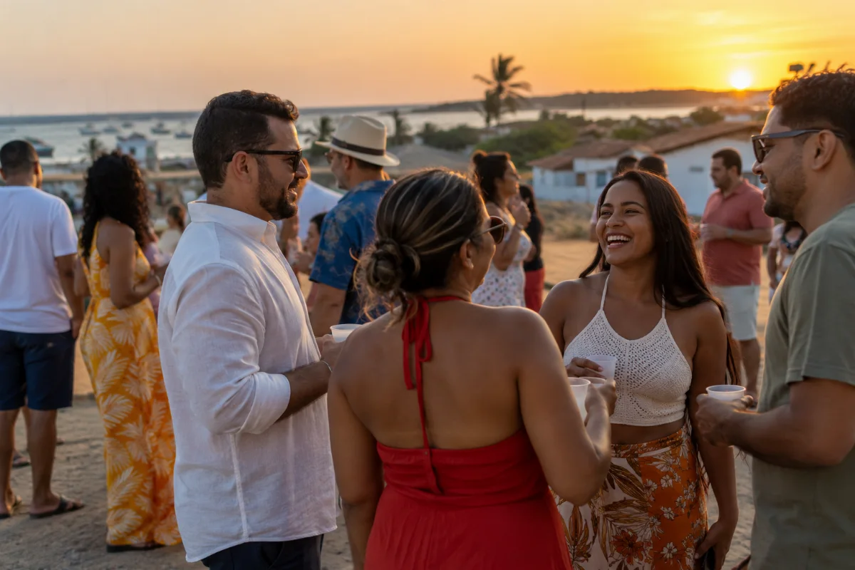 Ilustração por IA: Ilustração fotorrealista em formato horizontal 3:2, com adultos confraternizando ao pôr do sol, diante de casas baixas e uma paisagem costeira. A cena imaginada inspira-se na celebração de Grossos, sem representar um local exato ou registrar uma edição real, e não contém textos ou logotipos.