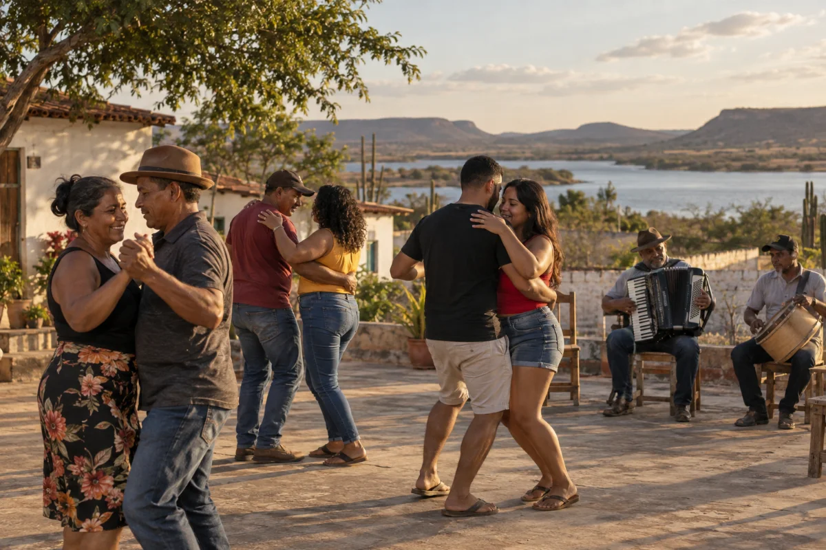 Ilustração por IA: Ilustração fotorealista em formato horizontal 3:2, com adultos dançando ao som de sanfona e percussão em um pátio rural, sob luz natural de fim de tarde. Casas e uma paisagem fluvial compõem o cenário imaginado, inspirado em Petrolândia, sem representar um local específico ou uma edição real do evento.