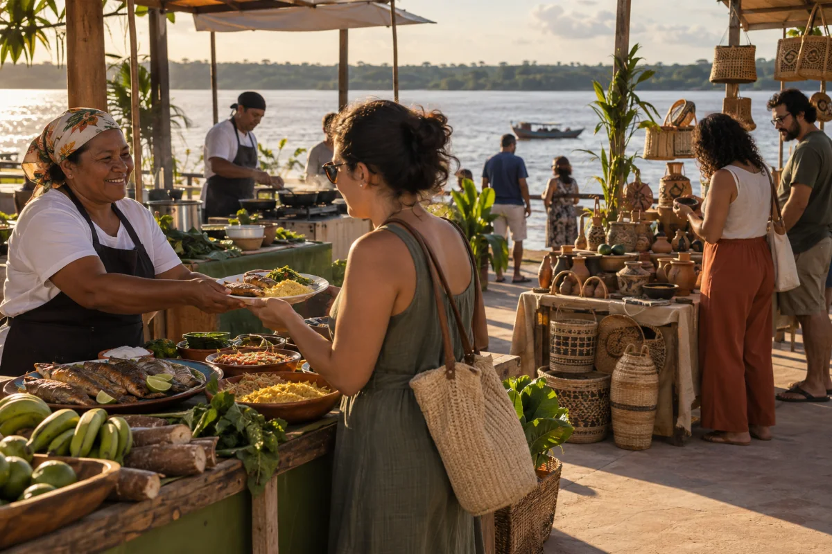 Ilustração por IA: Ilustração fotorealista horizontal em formato 3:2, com luz natural de fim de tarde, inspirada na orla do Rio Caeté. A cena apresenta atendimento em uma banca de comida, preparo culinário e exposição de cestos e cerâmicas, com visitantes e o rio ao fundo, sem representar uma edição específica do evento e sem textos ou logotipos.