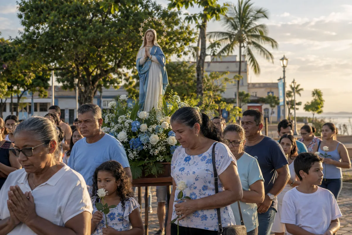 Ilustração por IA: Ilustração fotorealista horizontal em formato 3:2, gerada por IA, com devotos acompanhando uma imagem de Nossa Senhora adornada com flores, sob luz natural. A paisagem urbana com vegetação tropical é inspirada em Santarém, sem representar um local exato ou uma edição real do evento.