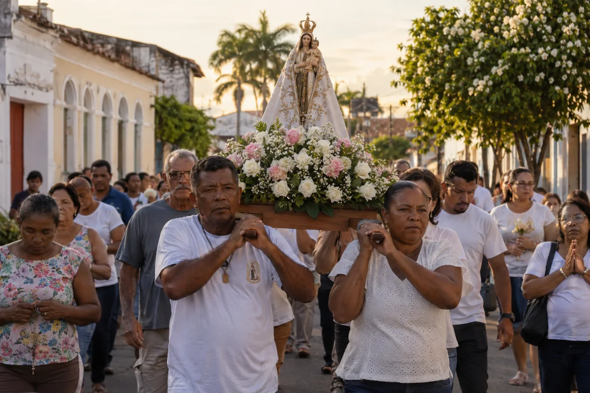 Ilustração por IA: Ilustração fotorealista horizontal em formato 3:2, com fiéis acompanhando um andor florido de Nossa Senhora de Nazaré em uma rua de inspiração bragantina, sob luz natural de fim de tarde. Cena imaginada, gerada por IA, sem representar um local exato ou uma edição específica.
