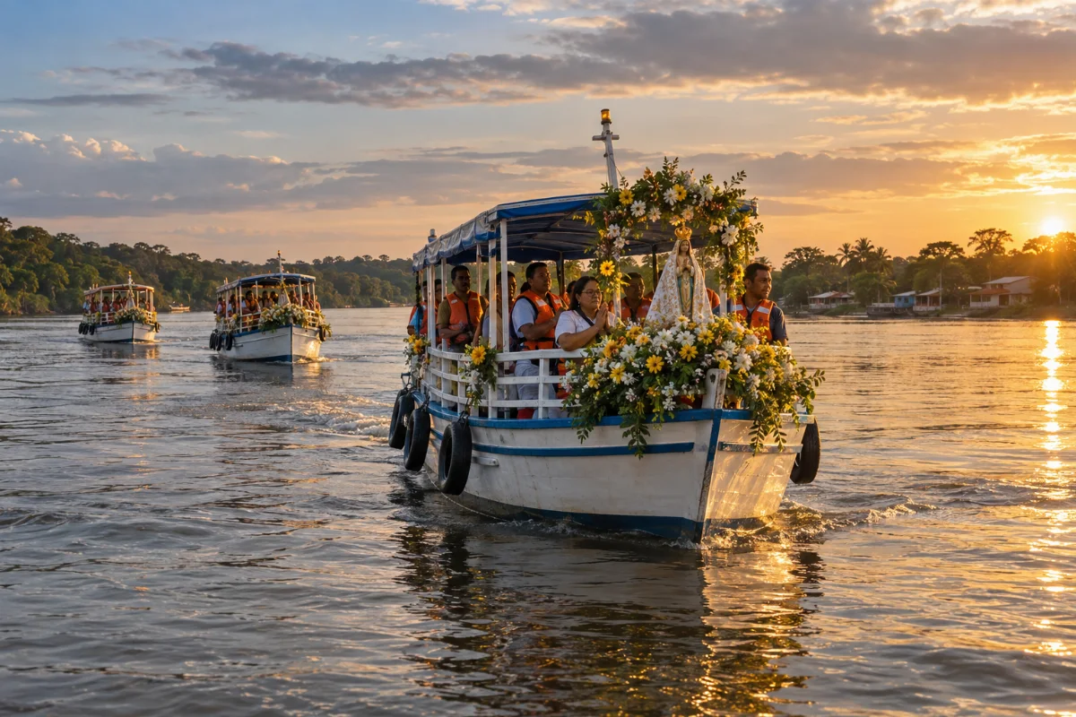 Ilustração por IA: Ilustração fotorrealista horizontal em formato 3:2, com barcos em procissão fluvial sob a luz dourada do fim da tarde. Flores e uma imagem de Nossa Senhora ornamentam a embarcação principal, acompanhada por fiéis, com vegetação e construções à margem. Cena interpretativa gerada por IA, sem representar uma edição específica.