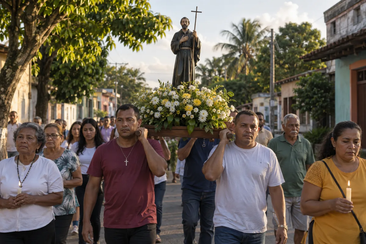 Ilustração por IA: Ilustração fotorrealista horizontal em formato 3:2, inspirada em uma procissão em Barcarena. Fiéis acompanham um andor florido com imagem religiosa por uma rua arborizada, sob luz natural, sem representar uma edição ou local específico.