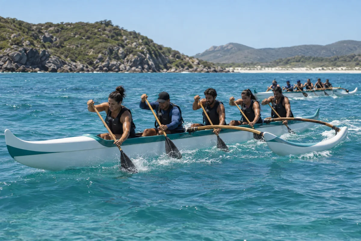 Ilustração por IA: Ilustração fotorrealista horizontal em formato 3:2, com duas equipes remando em canoas com flutuadores laterais sobre águas azul-esverdeadas. Morros rochosos, vegetação e uma faixa de areia compõem o cenário inspirado no litoral de Arraial do Cabo, sob luz natural, sem representar uma edição específica do evento.