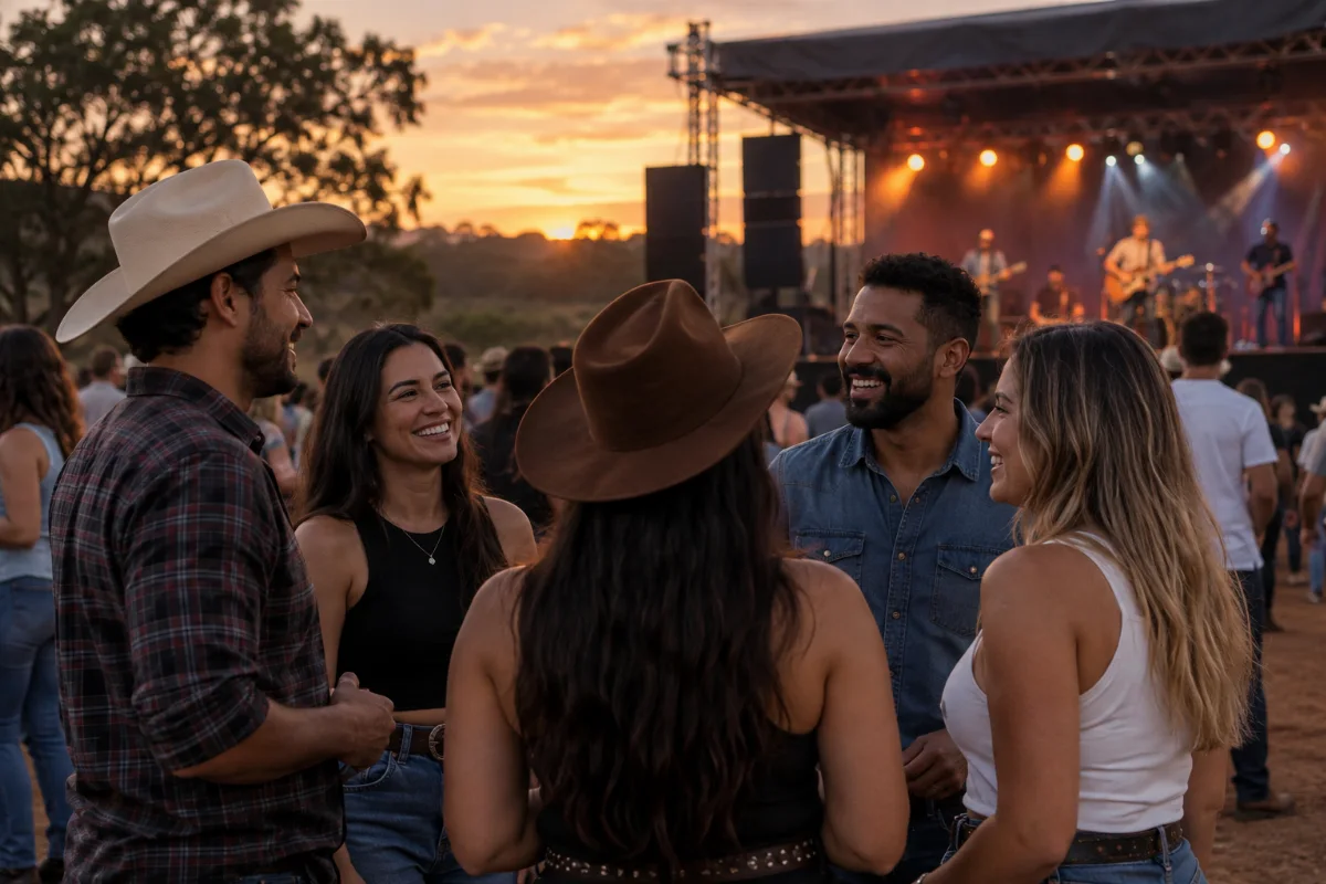 Ilustração por IA: Ilustração fotorealista em formato horizontal 3:2, com amigos reunidos ao pôr do sol e músicos anônimos em um palco ao fundo. A cena imaginada remete à convivência e à música do evento, sem reproduzir o recinto real, com ausência de textos e marcas.