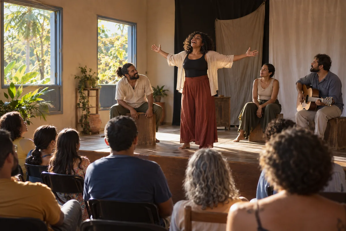 Ilustração por IA: Ilustração fotorrealista em formato horizontal 3:2, com artistas em uma apresentação intimista diante de um público de diferentes gerações. A luz natural ilumina um espaço cultural imaginado, com palco simples e instrumentos musicais, sem textos ou marcas. A cena gerada por IA não reproduz o local nem uma edição real do evento.