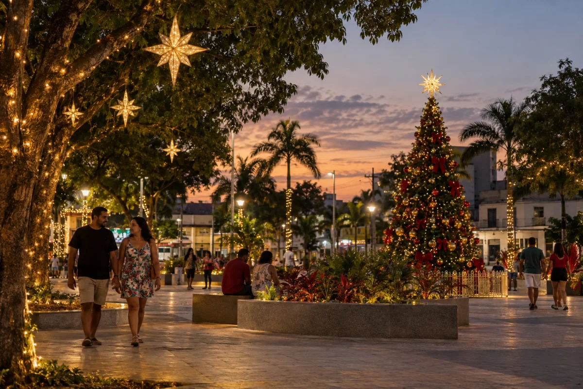 Ilustração por IA: Ilustração fotorrealista em formato paisagem 3:2 de uma praça imaginária inspirada em Altamira ao entardecer, com árvore de Natal, estrelas iluminadas, vegetação tropical e pessoas passeando. A cena não representa um local específico nem um registro da edição real.