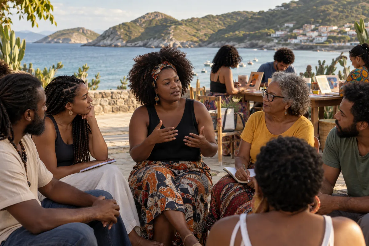 Ilustração por IA: Ilustração fotorrealista horizontal em formato 3:2, com uma roda de conversa entre adultos negros e atividades artísticas ao fundo, sob luz natural em cenário costeiro inspirado em Arraial do Cabo. A cena é imaginada, sem representar um local específico ou uma edição real do evento, e não contém textos ou logotipos.