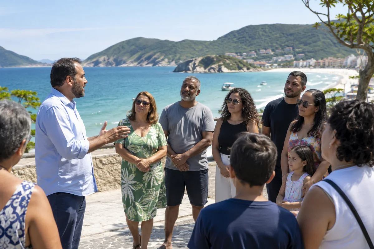Ilustração por IA: Ilustração fotorrealista horizontal em formato 3:2, com adultos e crianças reunidos para uma conversa comunitária junto ao mar, sob luz natural. A paisagem costeira inspira-se em Arraial do Cabo, sem representar um local específico ou registrar uma edição real do evento; não há textos ou logotipos.