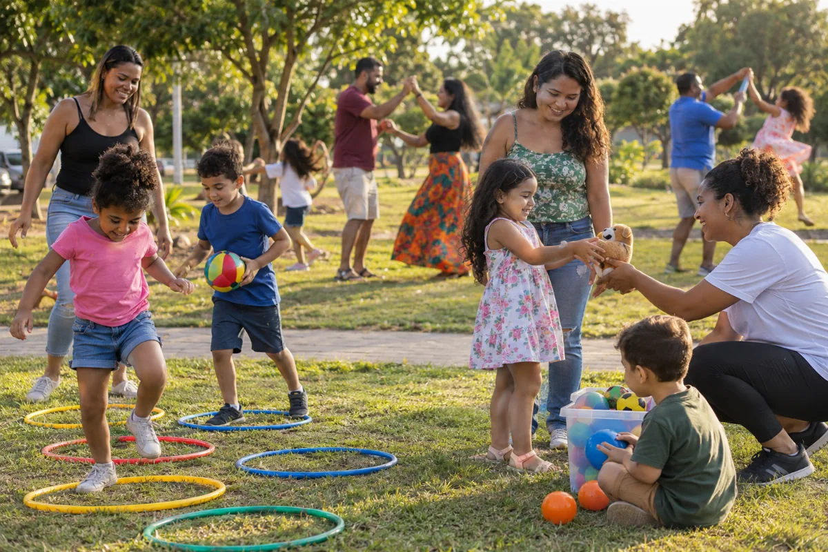 Ilustração por IA: Ilustração fotorrealista horizontal em formato 3:2, com crianças brincando com bolas e bambolês, entrega de um brinquedo e famílias dançando em um parque sob luz natural. A cena é imaginada e não reproduz o local exato nem uma edição real do evento; não contém textos ou logos.