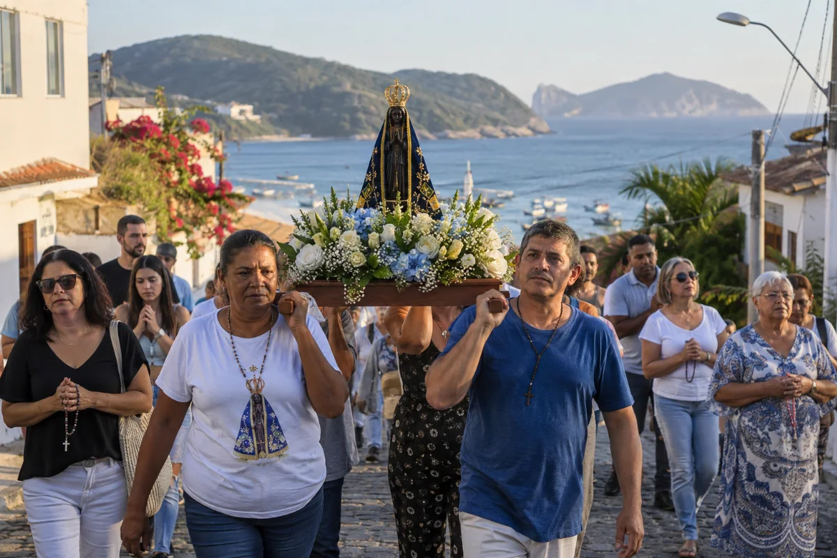 Ilustração por IA: Ilustração fotorrealista horizontal em formato 3:2 de uma procissão com imagem de Nossa Senhora Aparecida sobre um andor florido. Pessoas caminham sob luz natural, com casas, mar e morros ao fundo, em cenário inspirado em Arraial do Cabo, sem retratar uma edição específica do evento.
