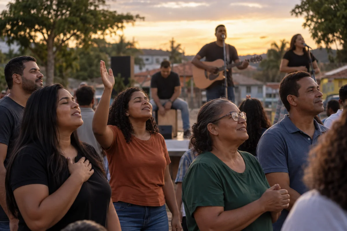 Ilustração por IA: Ilustração fotorealista horizontal em 3:2 de um encontro comunitário ao ar livre, com adultos em momentos de louvor e músicos ao fundo, sob a luz natural do entardecer. A cena imaginada remete ao contexto urbano brasileiro, sem identificar um local específico nem reproduzir uma edição real do evento; não contém textos ou marcas.