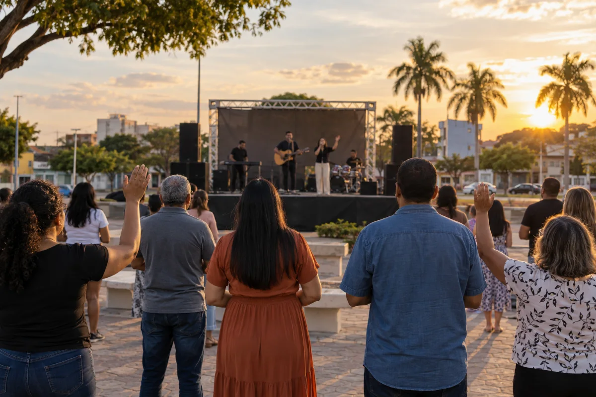 Ilustração por IA: Ilustração fotorrealista horizontal em formato 3:2, com pessoas acompanhando uma apresentação gospel ao ar livre sob luz natural de fim de tarde. Músicos anônimos, árvores e construções urbanas compõem uma cena imaginada, sem representar o local exato ou uma edição real do evento.