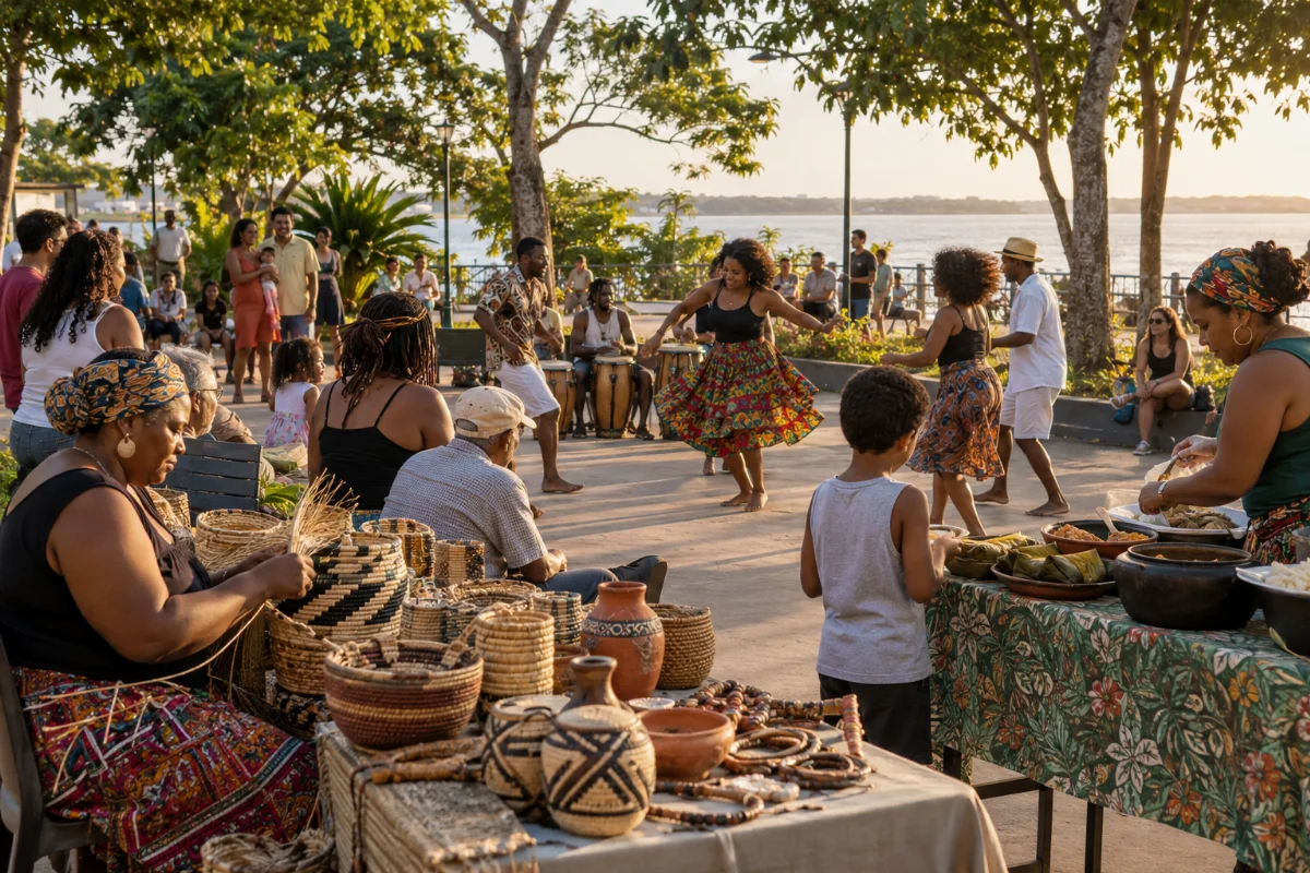 Ilustração por IA: Ilustração fotorealista horizontal em formato 3:2, com famílias reunidas em um espaço arborizado, dança, percussão e mesas de artesanato e comida sob luz natural. A cena imaginada é inspirada em Santarém e não representa o local exato nem um registro da edição real.