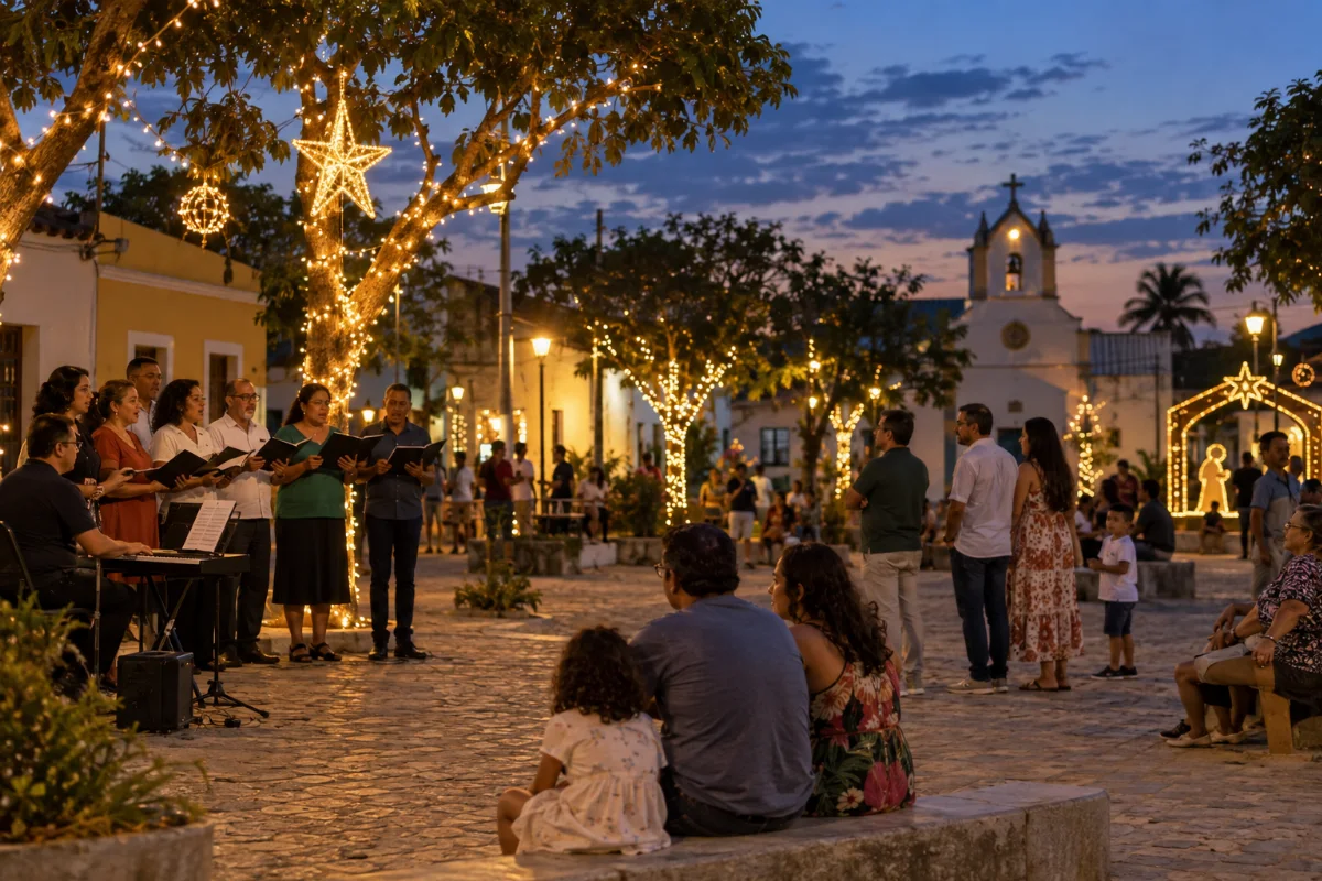 Ilustração por IA: Ilustração fotorealista horizontal em formato 3:2, com um coral e famílias em uma praça imaginada ao entardecer, entre árvores iluminadas e decorações natalinas. A cena é inspirada no evento, sem retratar um local exato ou documentar uma edição real.