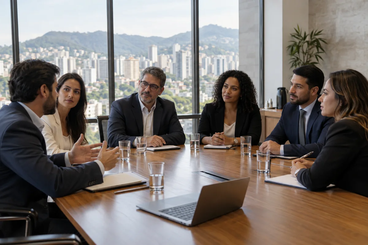 Ilustração por IA: Ilustração fotorrealista horizontal em 3:2, com profissionais reunidos à mesa sob luz natural e uma paisagem urbana montanhosa ao fundo. A cena representa um encontro empresarial inspirado no contexto de Belo Horizonte, sem identificar um local específico nem reproduzir a edição real, sem textos ou logotipos.