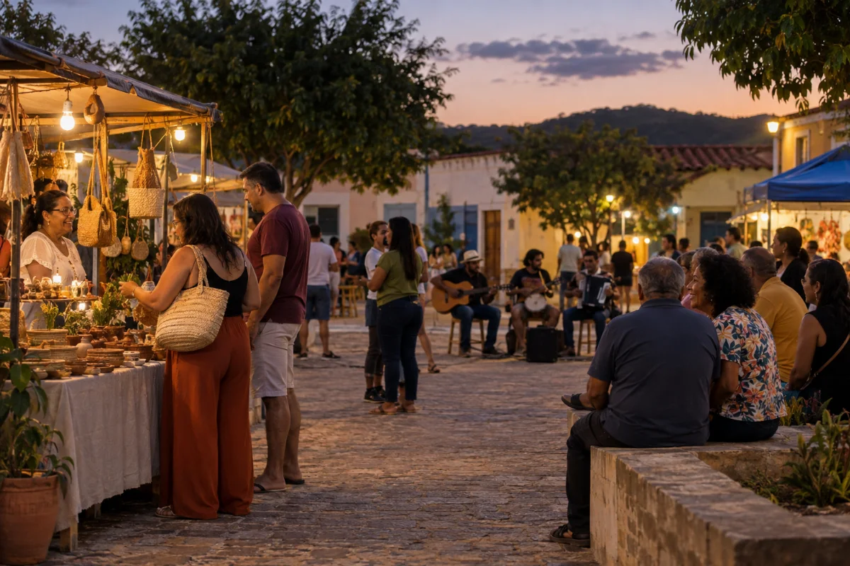 Ilustração por IA: Ilustração fotorrealista em formato horizontal 3:2, com pessoas visitando barracas de artesanato e acompanhando músicos em uma praça imaginária ao entardecer. A cena é inspirada na celebração de Itaú, sem reproduzir o local ou uma edição real do evento, e não contém textos ou logotipos.