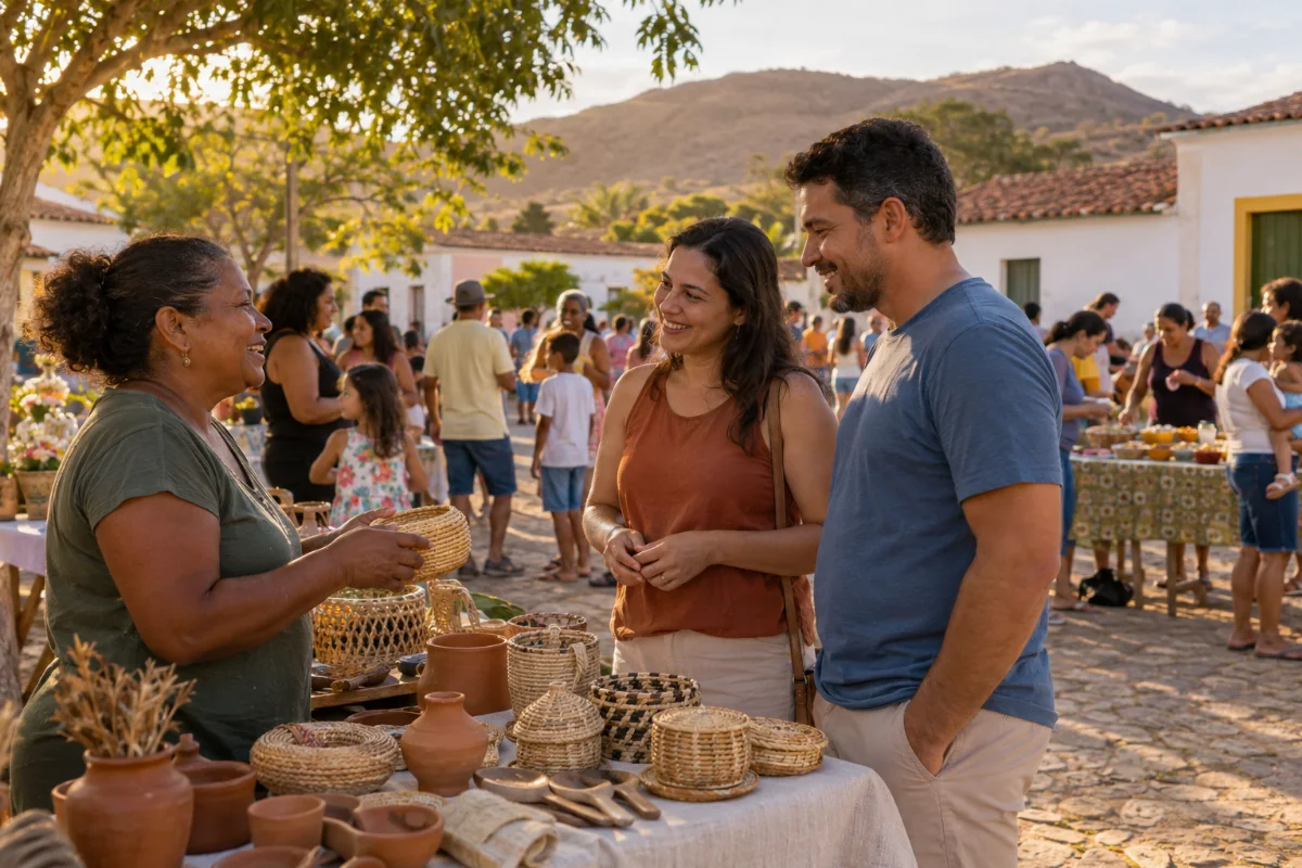 Ilustração por IA: Ilustração fotorrealista horizontal em formato 3:2, com uma artesã apresentando cestos e cerâmicas a visitantes, enquanto famílias convivem ao fundo sob luz natural de fim de tarde. A cena imaginada inspira-se na celebração, sem reproduzir um local específico ou uma edição real do evento; não contém textos ou logos.