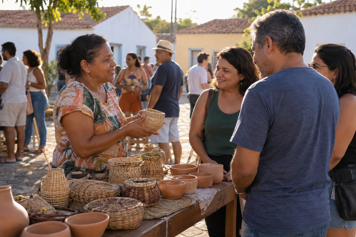 Ilustração por IA: Ilustração fotorealista horizontal em formato 3:2, com uma artesã apresentando peças de cestaria e cerâmica a visitantes, sob luz natural de fim de tarde. A cena imaginada de convivência cultural, com casas baixas ao fundo, não retrata um local específico nem documenta uma edição real do evento.