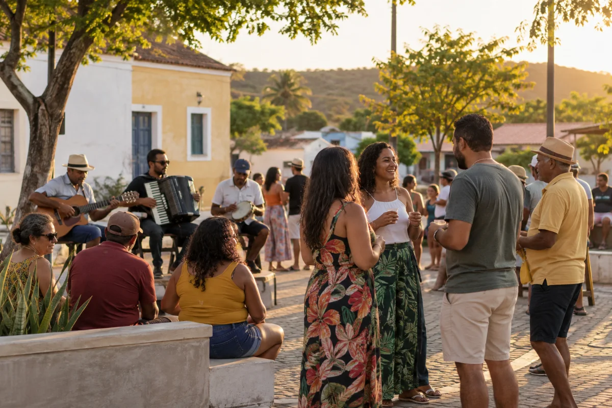 Ilustração por IA: Ilustração fotorealista em formato horizontal 3:2, com pessoas conversando e músicos em um espaço público imaginado, sob luz natural de fim de tarde. A cena inspira-se na celebração cultural, sem reproduzir um local ou edição específica e sem textos ou logotipos.