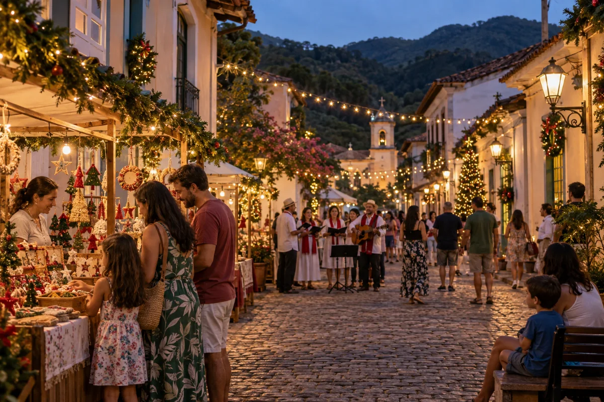 Ilustração por IA: Ilustração fotorealista em formato paisagem 3:2, com uma rua imaginada inspirada em Santa Teresa ao anoitecer. Luzes natalinas iluminam fachadas, barracas de enfeites, visitantes e um pequeno grupo musical, sem representar um local específico ou registrar a edição real do evento.