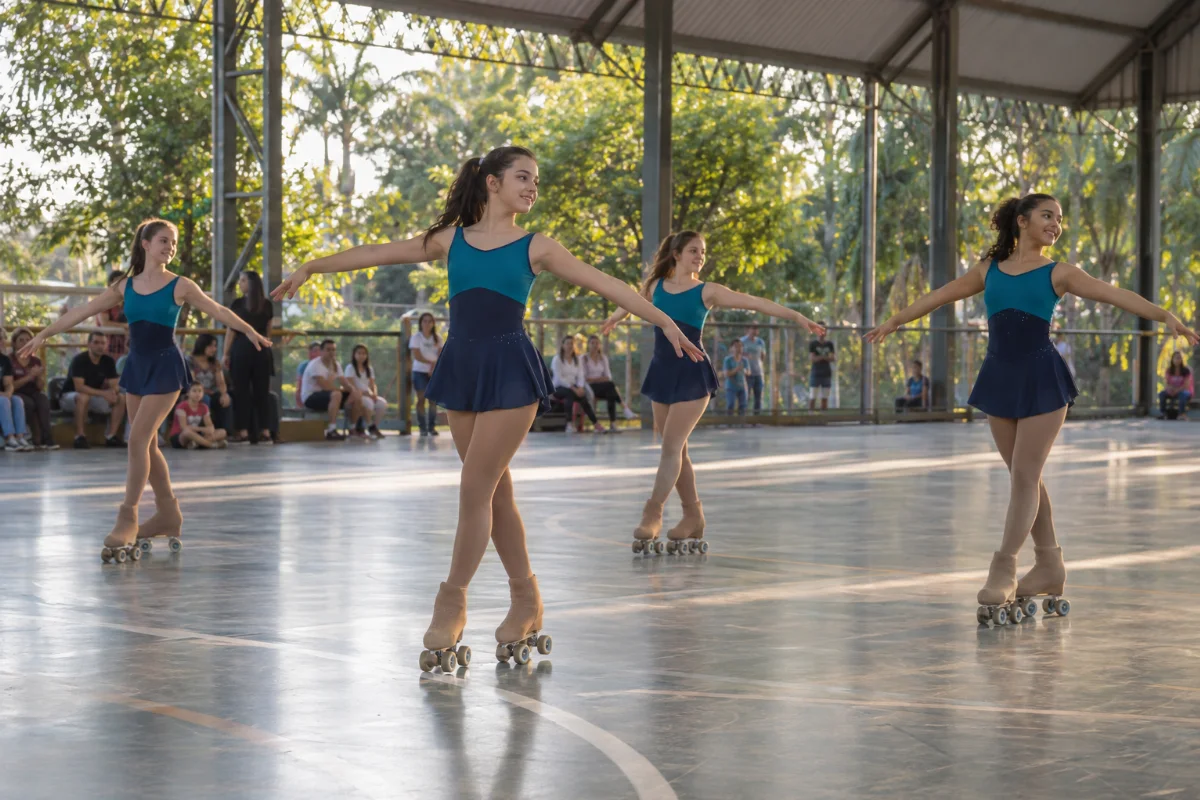Ilustração por IA: Ilustração fotorrealista horizontal em formato 3:2, com patinadoras executando uma coreografia coletiva em espaço esportivo coberto, sob luz natural e com famílias ao fundo. Cena criada por IA, sem representar um local específico ou registrar a edição real do evento, sem textos ou logotipos.