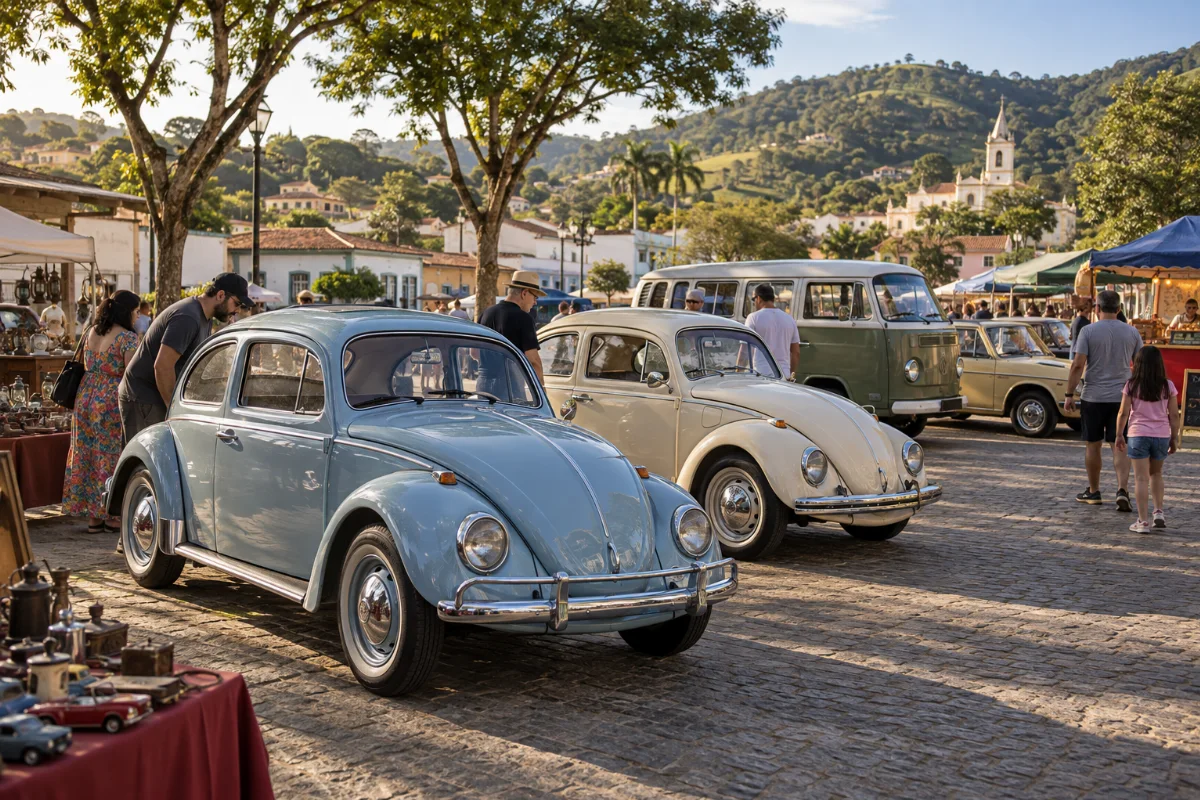 Ilustração por IA: Ilustração fotorealista horizontal em formato 3:2, com Fuscas, uma Kombi e outros carros antigos estacionados entre visitantes e barracas, sob luz natural. A paisagem urbana arborizada é imaginada, inspirada no contexto do evento, sem representar seu local exato ou uma edição real.
